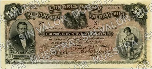 50 pesos, Banco de Londres, México y Sud América (M264), M264s $50 Banco de Londres, México y Sud América, anverso