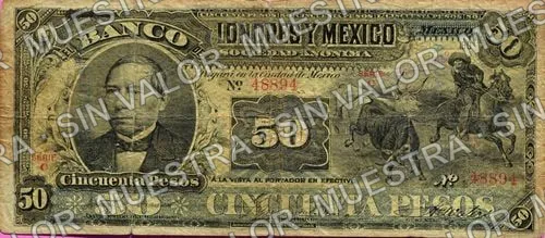 50 pesos, Banco de Londres y México (M274), M274g $50 stamped 'AGUASCALIENTES', anverso