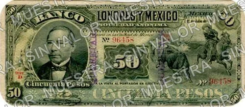 50 pesos, Banco de Londres y México (M274), anverso (M274q $50 stamped 'QUERETARO' in purple)