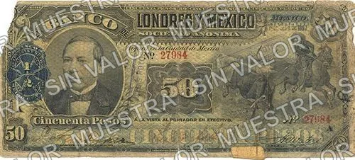 50 pesos, Banco de Londres y México (M274), anverso (M274t $50 stamped 'SAN LUIS POTOSI' in box)