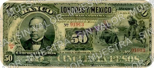 50 pesos, Banco de Londres y México (M274), M274u $50 stamped 'TORREON', anverso