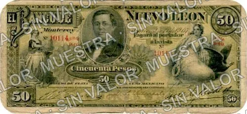50 pesos, Banco de Nuevo León (M437), anverso (M437b $50 Banco de Nuevo León)