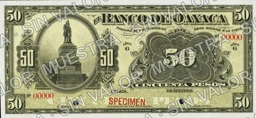 50 pesos, Banco de Oaxaca (M450), M450s $50 Banco de Oaxaca specimen, anverso