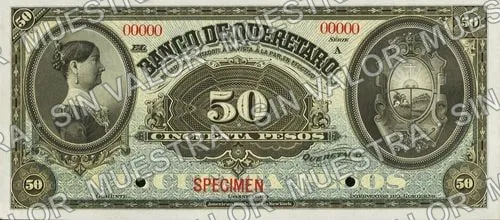 50 pesos, Banco de Querétaro (M476), anverso (M476s $50 Banco de Querétaro specimen)