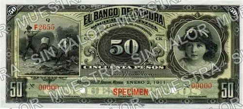 50 pesos, Banco de Sonora (M510), anverso (M510s2 $50 Banco de Sonora specimen)
