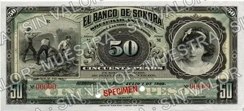 50 pesos, Banco de Sonora (M510), anverso (M510s2 $50 Banco de Sonora specimen)