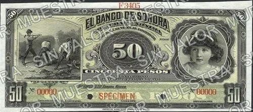 50 pesos, Banco de Sonora (M510), anverso (M510s2 $50 Banco de Sonora specimen)