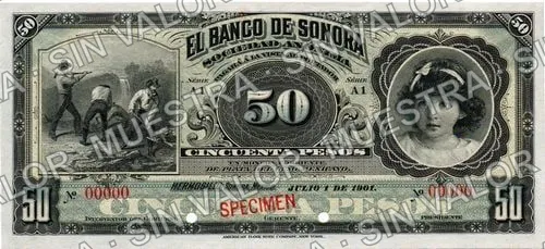 50 pesos, Banco de Sonora (M510), anverso (M510s2 $50 Banco de Sonora specimen)