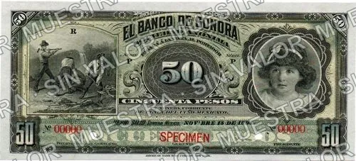 50 pesos, Banco de Sonora (M510), anverso (M510s2 $50 Banco de Sonora specimen)