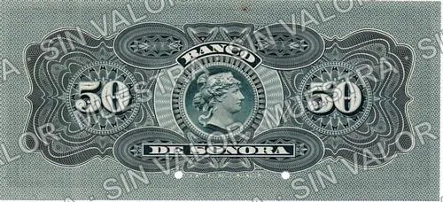 50 pesos, Banco de Sonora (M510), reverso (M510s2 $50 Banco de Sonora specimen)