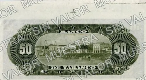 50 pesos, Banco de Tabasco (M516), reverso (M516s $50 Banco de Tabasco specimen)