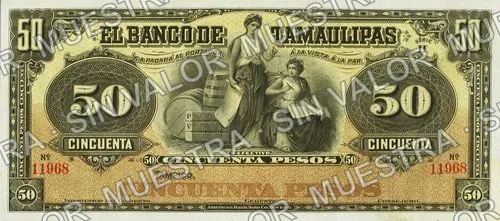 50 pesos, Banco de Tamaulipas (M523), anverso (M523r $50 unsigned remainder)