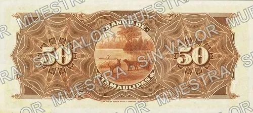 50 pesos, Banco de Tamaulipas (M523), reverso (M523r $50 unsigned remainder)