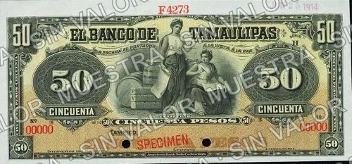 50 pesos, Banco de Tamaulipas (M523), anverso (M523s $50 Banco de Tamaulipas specimen)
