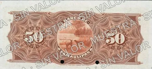 50 pesos, Banco de Tamaulipas (M523), reverso (M523s $50 Banco de Tamaulipas specimen)