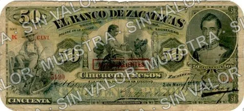 50 pesos, Banco de Zacatecas (M578), anverso (M578d $50 Banco de Zacatecas overprinted 'AGUASCALIENTES')
