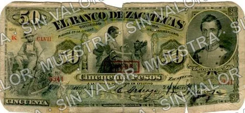 50 pesos, Banco de Zacatecas (M578), anverso (M578e $50 Banco de Zacatecas overprinted 'LAGOS')