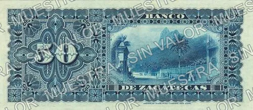 50 pesos, Banco de Zacatecas (M578), reverso (M578r $50 Banco de Zacatecas unsigned remainder)