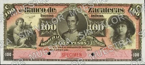 50 pesos, Banco de Zacatecas (M578), anverso (M578s $100 Banco de Zacatecas specimen)