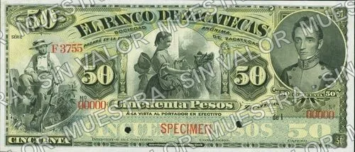 50 pesos, Banco de Zacatecas (M578), anverso (M578s $50 Banco de Zacatecas specimen)