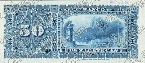 50 pesos, Banco de Zacatecas (M578), reverso (M578s $50 Banco de Zacatecas specimen)
