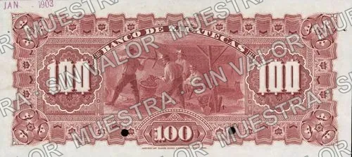 50 pesos, Banco de Zacatecas (M578), reverso (M578s $100 Banco de Zacatecas specimen)