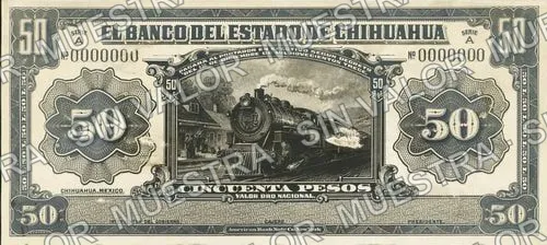 50 pesos, Banco del Estado de Chihuahua (M98), M98p2 $50 Banco del Estado de Chihuahua bromide proof, anverso