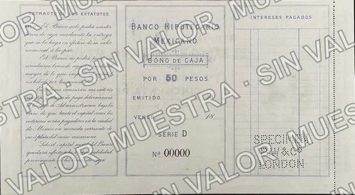 50 pesos, Banco Hipotecario Mexicano (M215), reverso