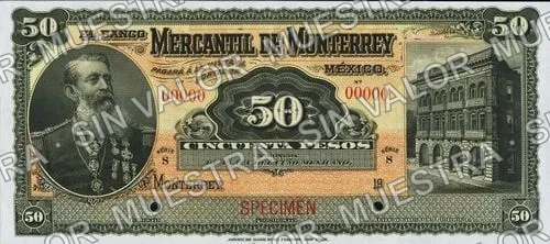 50 pesos, Banco Mercantil de Monterrey (M427), M427s1 $50 Banco Mercantil de Monterrey specimen, anverso