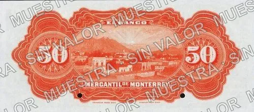 50 pesos, Banco Mercantil de Monterrey (M427), M427s1 $50 Banco Mercantil de Monterrey specimen, reverso