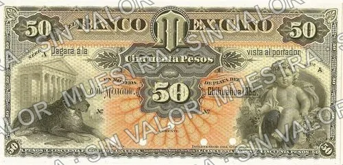 50 pesos, Banco Mexicano (M125), anverso (M125s $50 Banco Mexicano specimen)