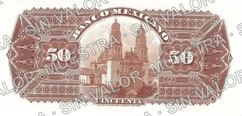 50 pesos, Banco Mexicano (M125), reverso (M125s $50 Banco Mexicano specimen)