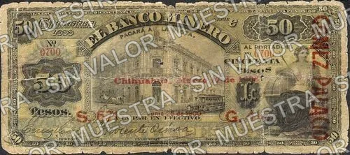 50 pesos, Banco Minero (M136), M136g $50 with a 'GOMEZ PALACIO' overprint revalidated on 17 March 1908, anverso