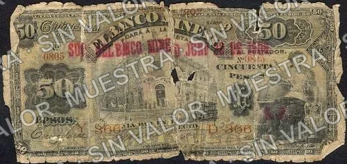 50 pesos, Banco Minero (M136), M136h $50 revalidated in an unidentified branch on 12 June 1908, anverso