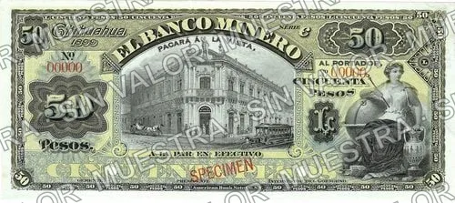 50 pesos, Banco Minero (M136), anverso (M136s $50 Banco Minero specimen)