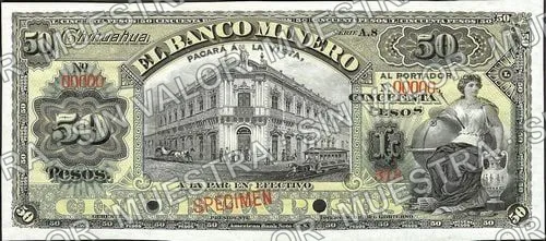 50 pesos, Banco Minero (M136), anverso (M136s $50 Banco Minero specimen)