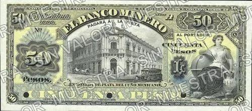 50 pesos, Banco Minero (M136), anverso (M136s $50 Banco Minero specimen)