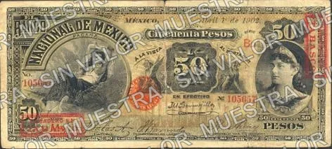 50 pesos, Banco Nacional de México (M301), M301ac $50 overprinted 'PAGADERO EN TABASCO', anverso