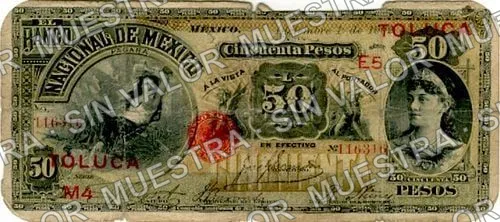 50 pesos, Banco Nacional de México (M301), M301z $50 overprinted 'TOLUCA', anverso