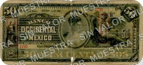 50 pesos, Banco Occidental de México (M498), anverso (M498b $50 overprinted 'PAGADERO EN COLIMA')