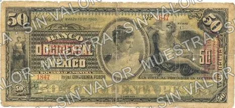 50 pesos, Banco Occidental de México (M498), anverso (M498d $50 overprinted 'PAGADERO EN GUAYMAS')