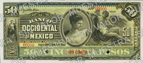 50 pesos, Banco Occidental de México (M498), anverso (M498s $50 Banco Occidental de México specimen)