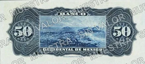 50 pesos, Banco Occidental de México (M498), reverso (M498s $50 Banco Occidental de México specimen)