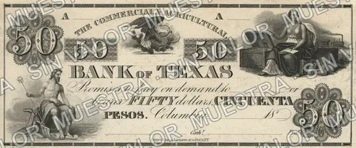 50 pesos, Commercial & Agricultural Bank of Texas proof (M185), M185 $50 Commercial & Agricultural Bank of Texas proof, anverso