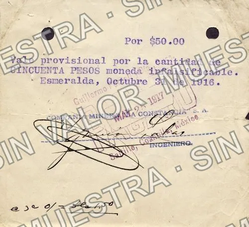50 pesos, Compania Minera "La Constancia" (M1114), M1114 $50 Compania Minera "La Constancia", anverso