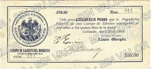 50 pesos, Cuerpo de Ejército del Noroeste (M3708), M3708 $50 Cuerpo de Ejército del Noroeste, anverso