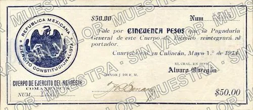50 pesos, Cuerpo de Ejército del Noroeste (M3716), anverso