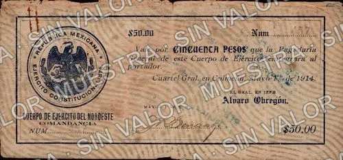 50 pesos, Cuerpo de Ejército del Noroeste (M3716), anverso (M3716d $50 Cuerpo de Ejército del Noroeste San Luis Potosí)