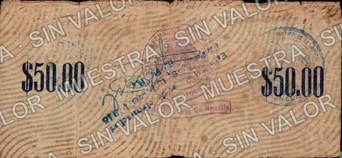 50 pesos, Cuerpo de Ejército del Noroeste (M3716), reverso (M3716d $50 Cuerpo de Ejército del Noroeste San Luis Potosí)