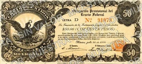 50 pesos, Obligación Provisional (M1254), M1254 $50 Obligación Provisional, anverso